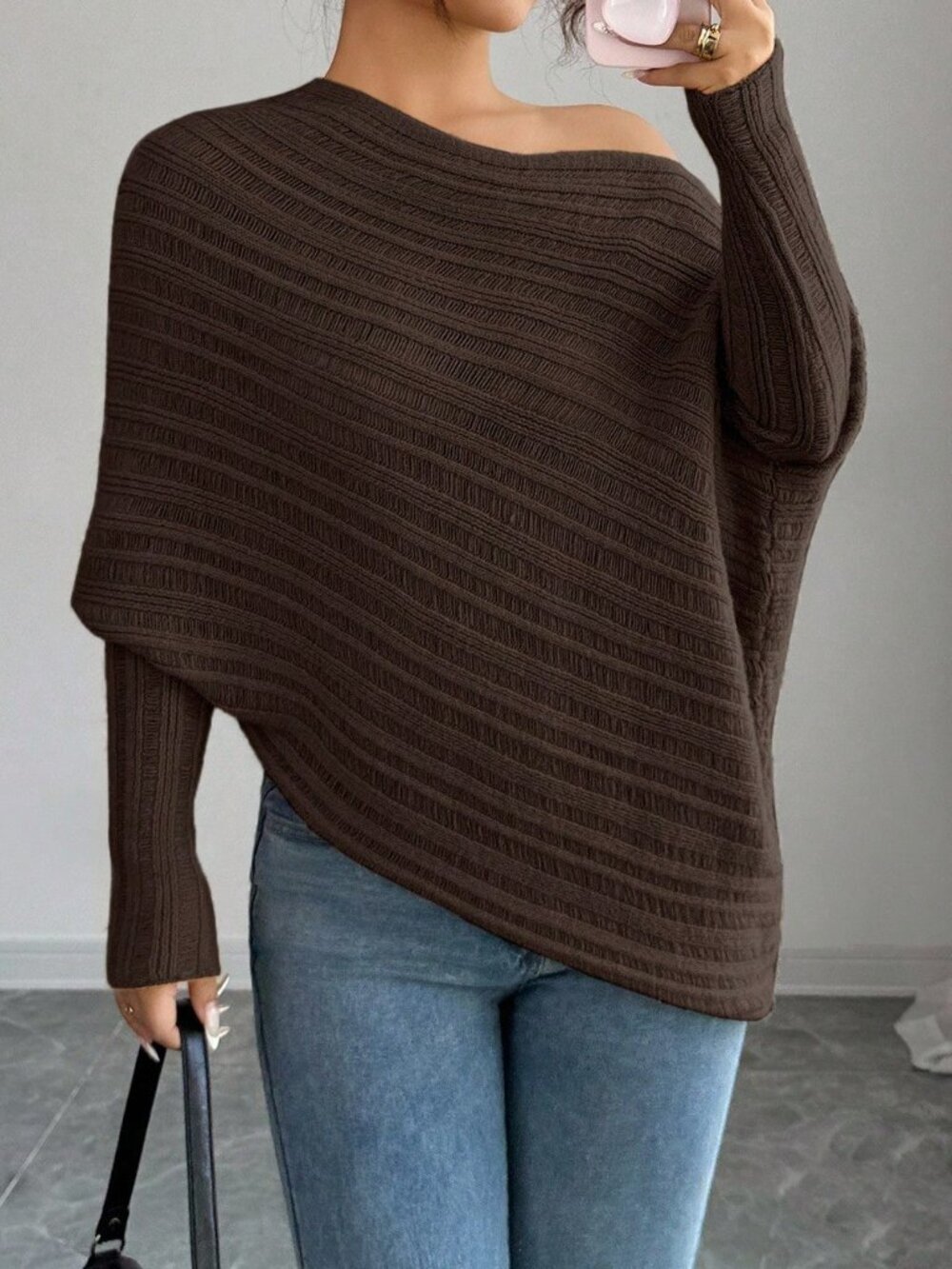 Coffee Brown Casual Women's Asymmetrical Batwing Rib-Knit Pullover